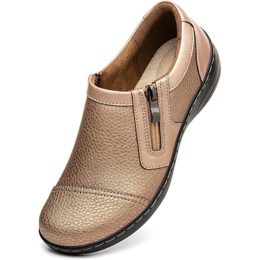 〽️Women's Comfortable And Lightweight Gold Leather Loafers Casual Zipper Closure